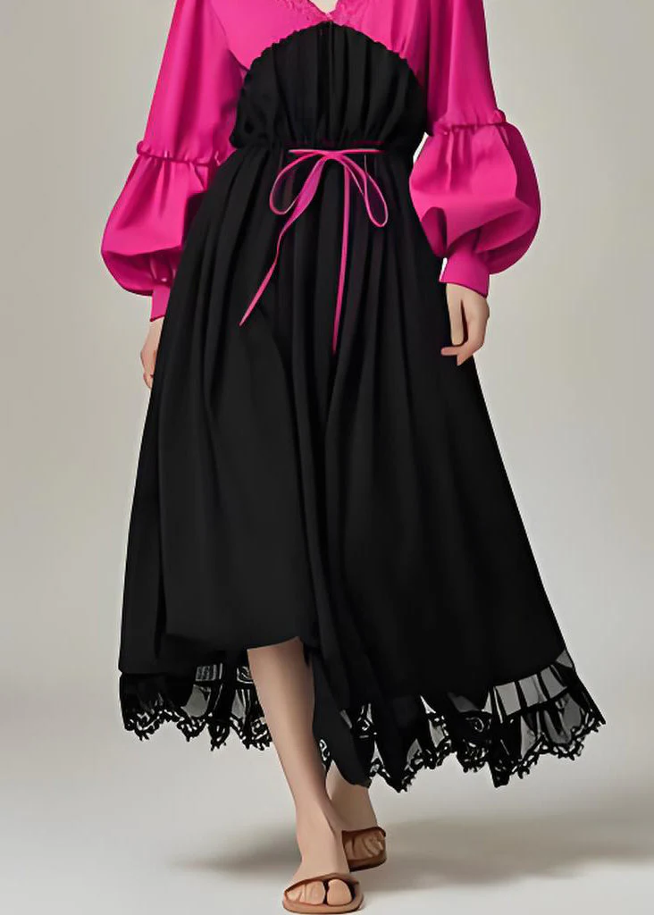 Elegant Colorblock V Neck Patchwork Cotton Dress Lantern Sleeve - Image 5