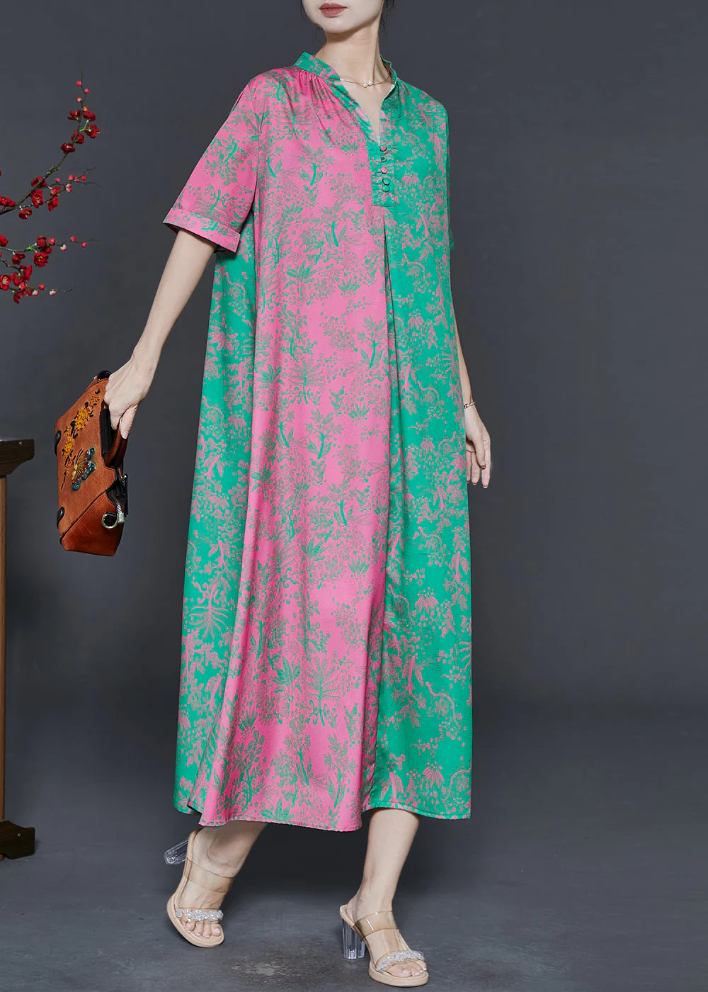 Elegant Colorblock V Neck Patchwork Print Silk Party Dress Summer - Image 3
