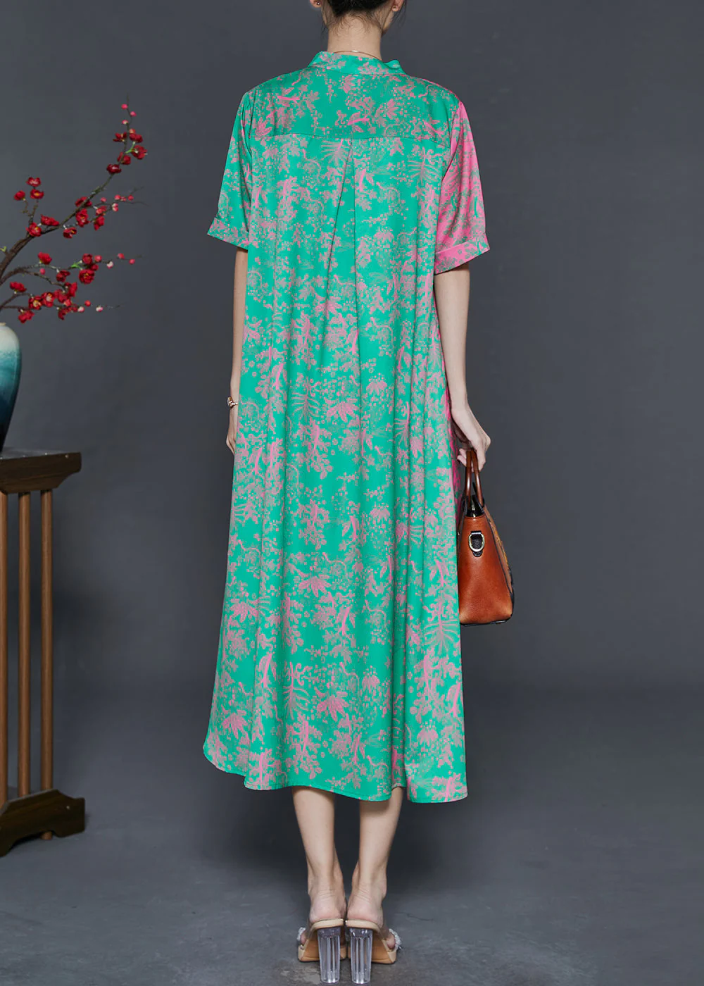 Elegant Colorblock V Neck Patchwork Print Silk Party Dress Summer - Image 4