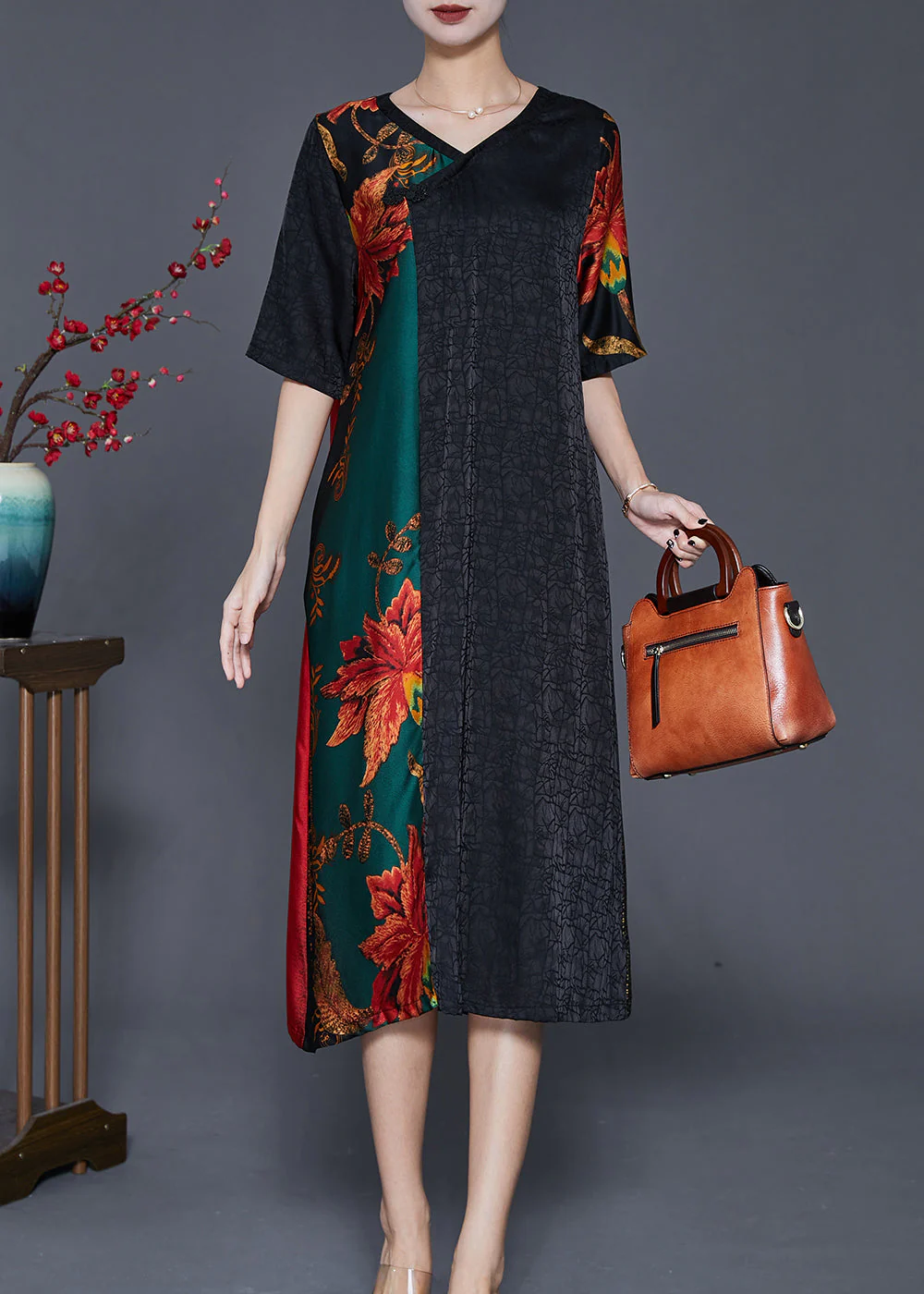 Elegant Colorblock V Neck Patchwork Silk Robe Dresses Summer - Image 2