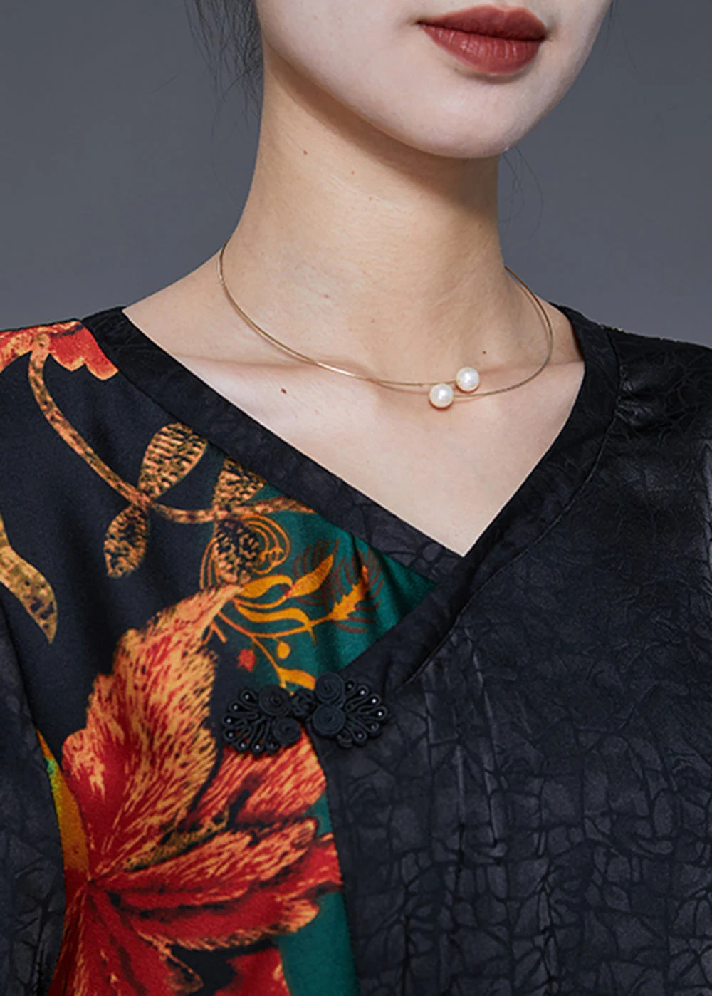 Elegant Colorblock V Neck Patchwork Silk Robe Dresses Summer - Image 5