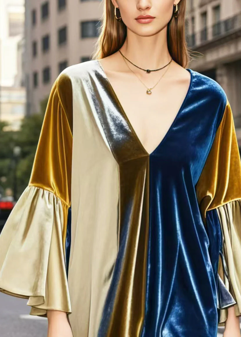 Elegant Colorblock V Neck Patchwork Silk Velvet Mid Dresses Spring - Image 2
