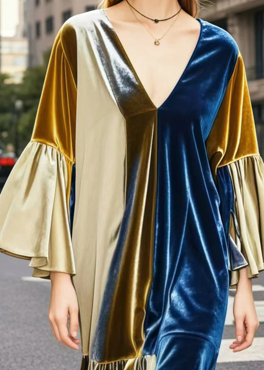 Elegant Colorblock V Neck Patchwork Silk Velvet Mid Dresses Spring - Image 3