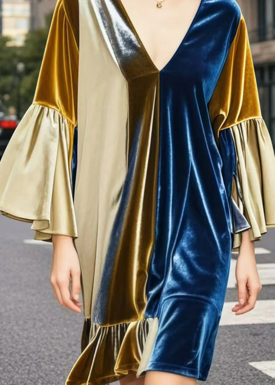 Elegant Colorblock V Neck Patchwork Silk Velvet Mid Dresses Spring - Image 4