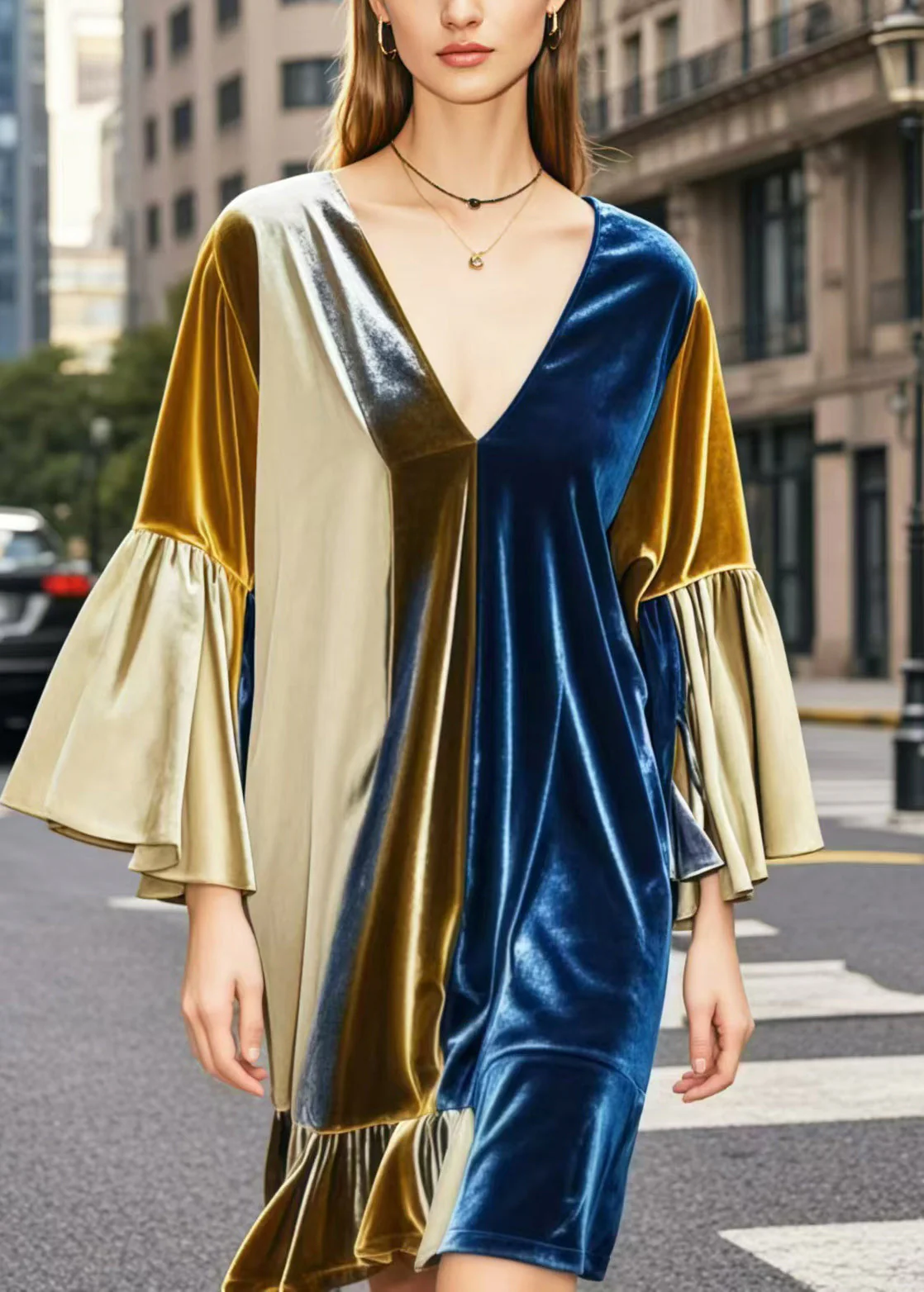 Elegant Colorblock V Neck Patchwork Silk Velvet Mid Dresses Spring - Image 5