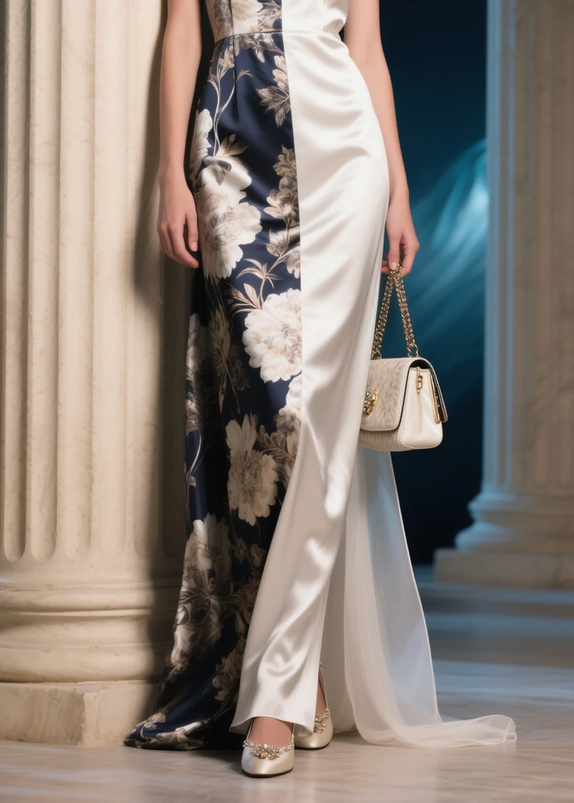 Elegant Colorblock V Neck Print Silk Long Dresses Summer - Image 4
