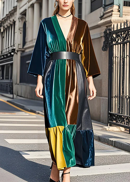 Elegant Colorblock V Neck Sashes Velvet Dress Long Sleeve - Image 2
