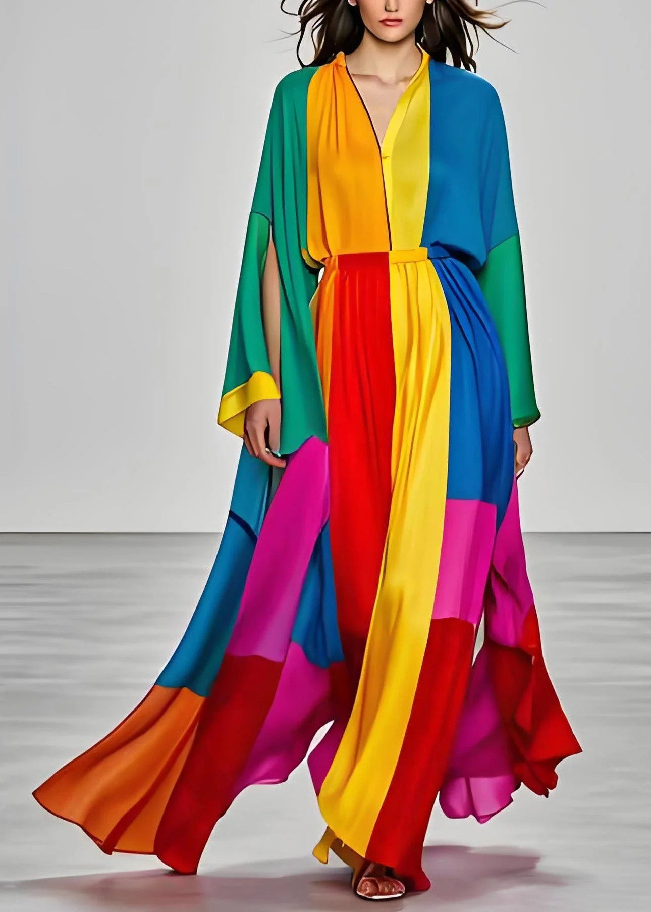 Elegant Colorblock V Neck Silk Dress Long Sleeve - Image 2