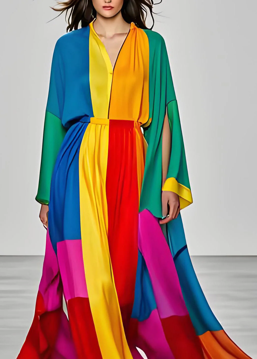 Elegant Colorblock V Neck Silk Dress Long Sleeve - Image 3