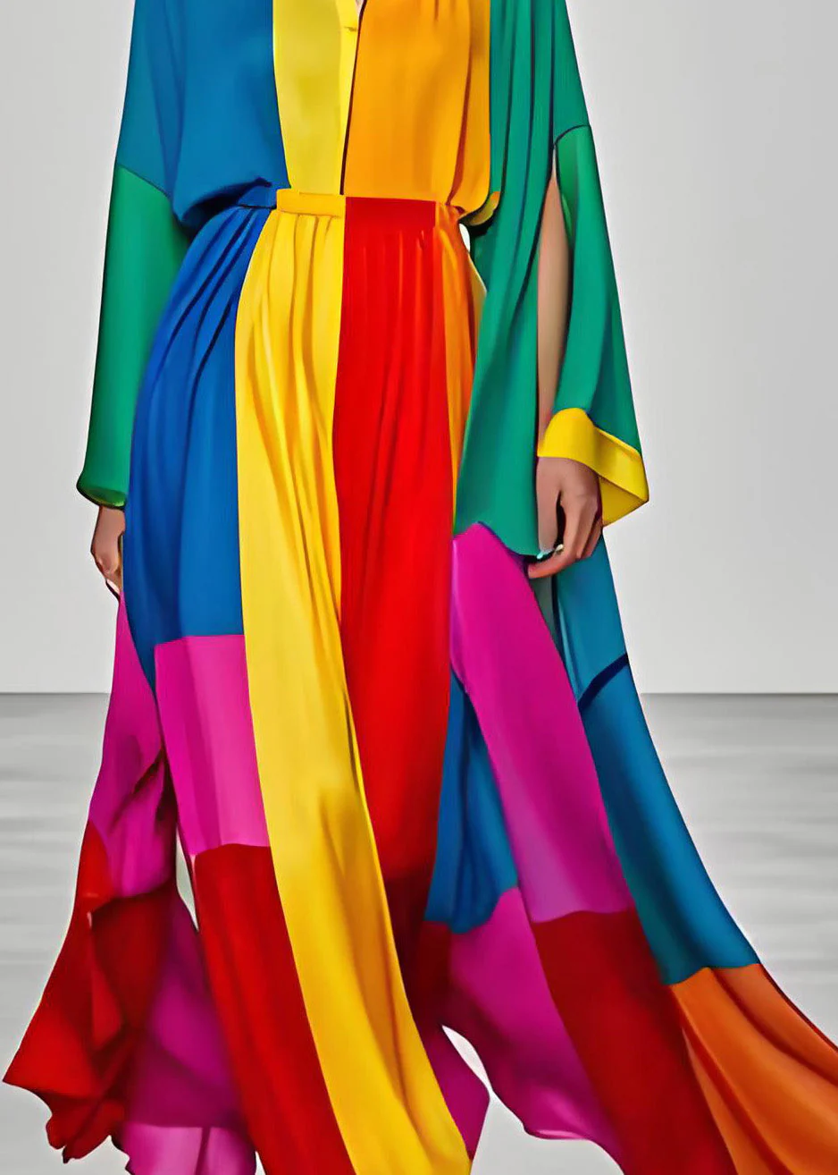 Elegant Colorblock V Neck Silk Dress Long Sleeve - Image 4