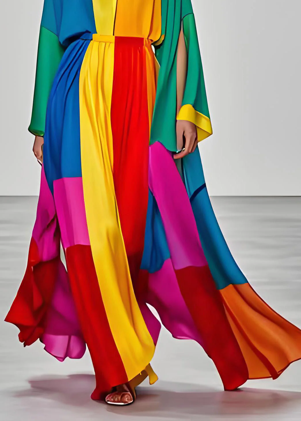 Elegant Colorblock V Neck Silk Dress Long Sleeve - Image 5