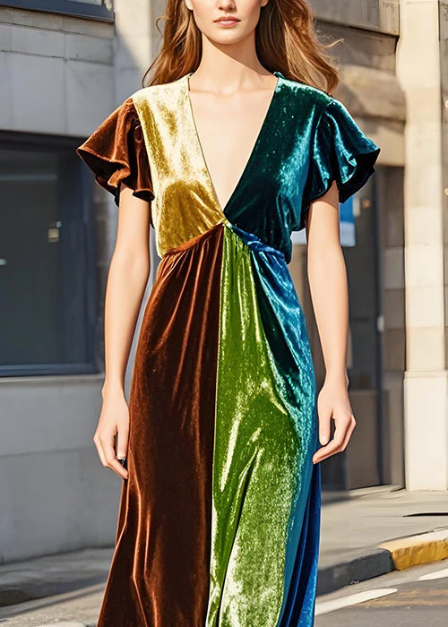 Elegant Colorblock V Neck Velvet Dress Butterfly Sleeve - Image 3