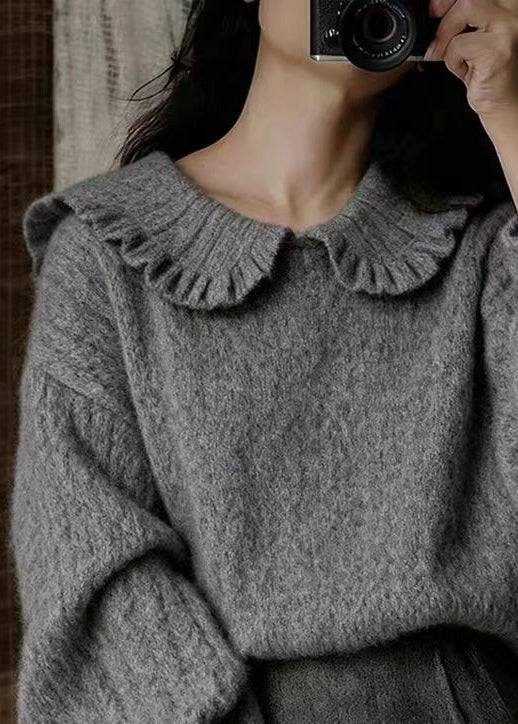 Elegant Dark Gray Peter Pan Collar Cozy Knit Sweater Winter - Image 3