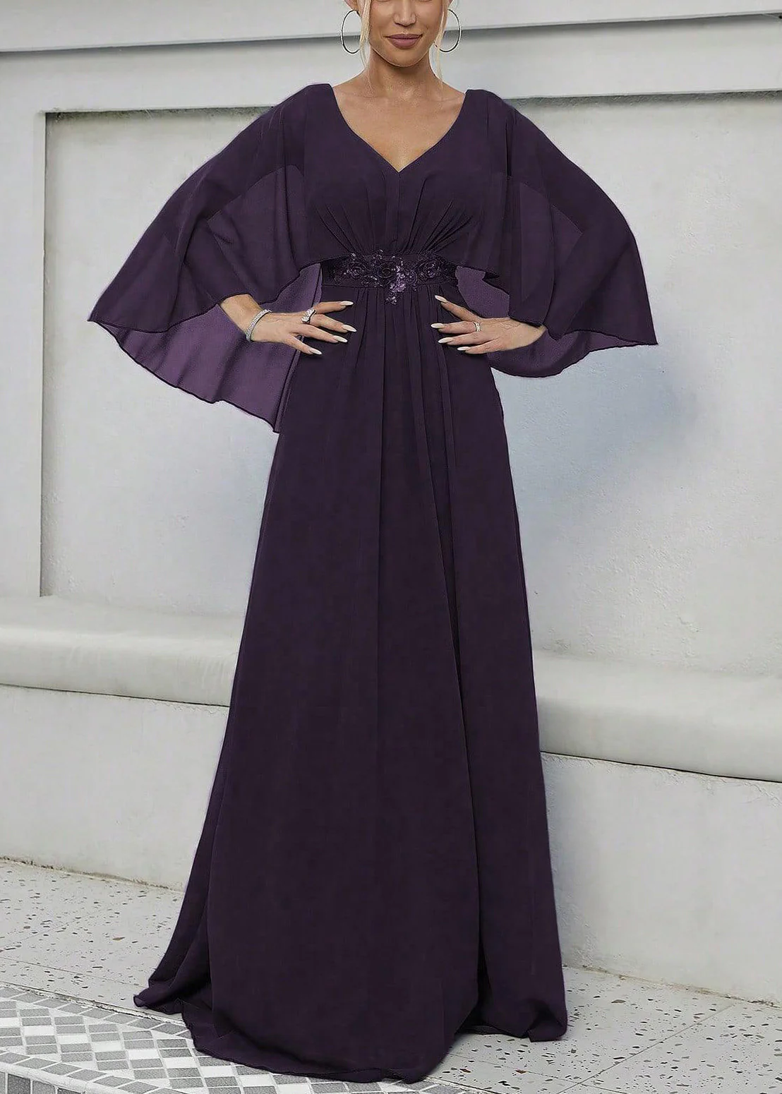 Elegant Dark Purple Sequins High Waist Maxi Dress Batwing Sleeve - Image 2