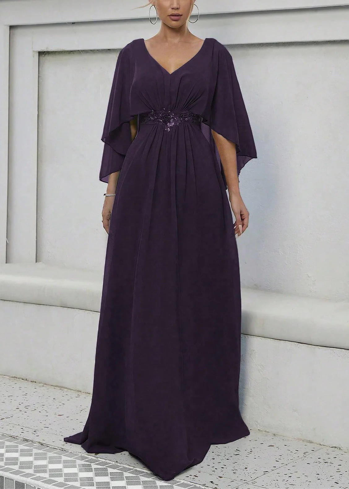 Elegant Dark Purple Sequins High Waist Maxi Dress Batwing Sleeve - Image 3