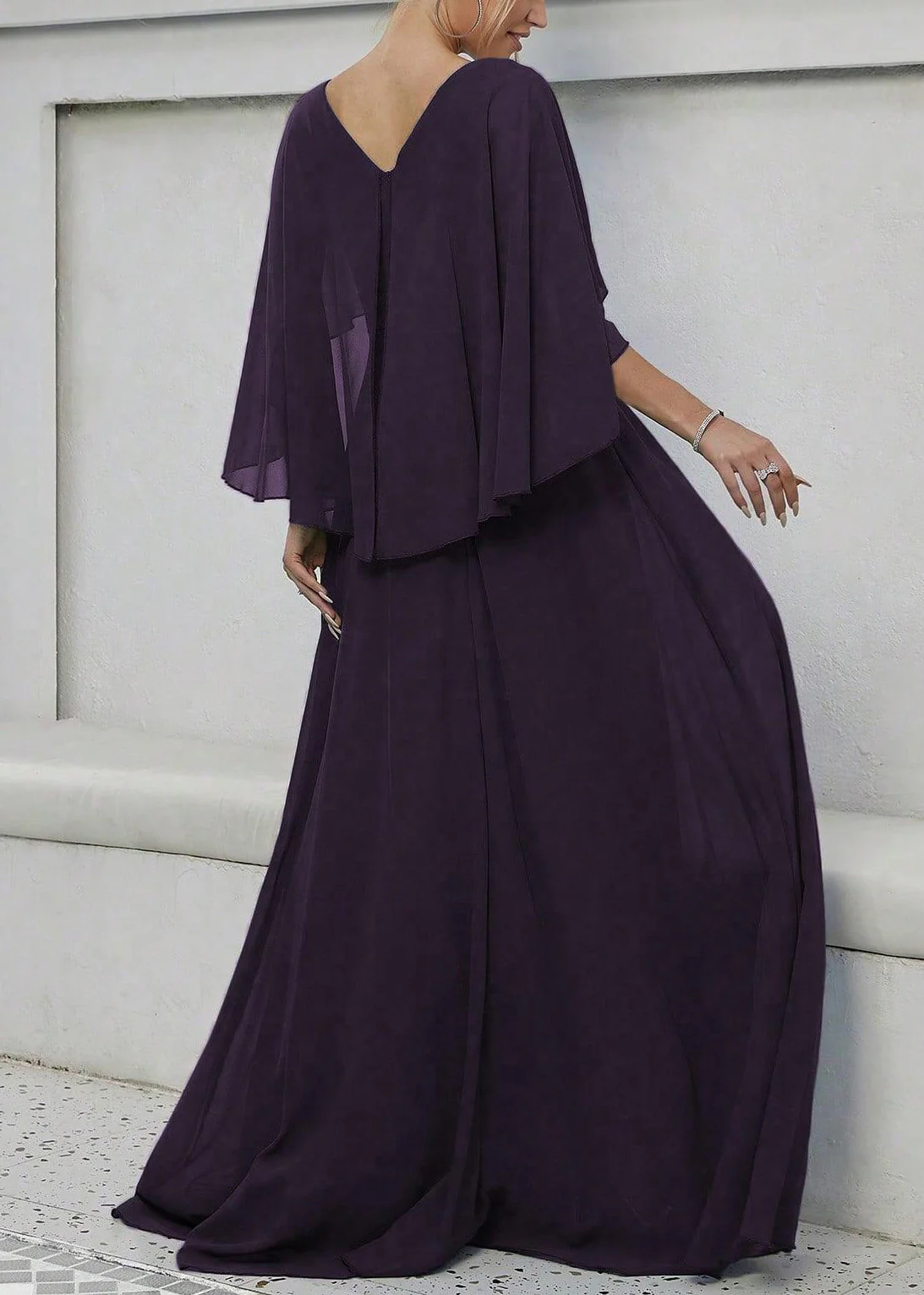 Elegant Dark Purple Sequins High Waist Maxi Dress Batwing Sleeve - Image 4
