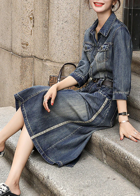 Elegant Denim Blue Peter Pan Collar Patchwork Sashes Long Shirts Dresses Fall - Image 2