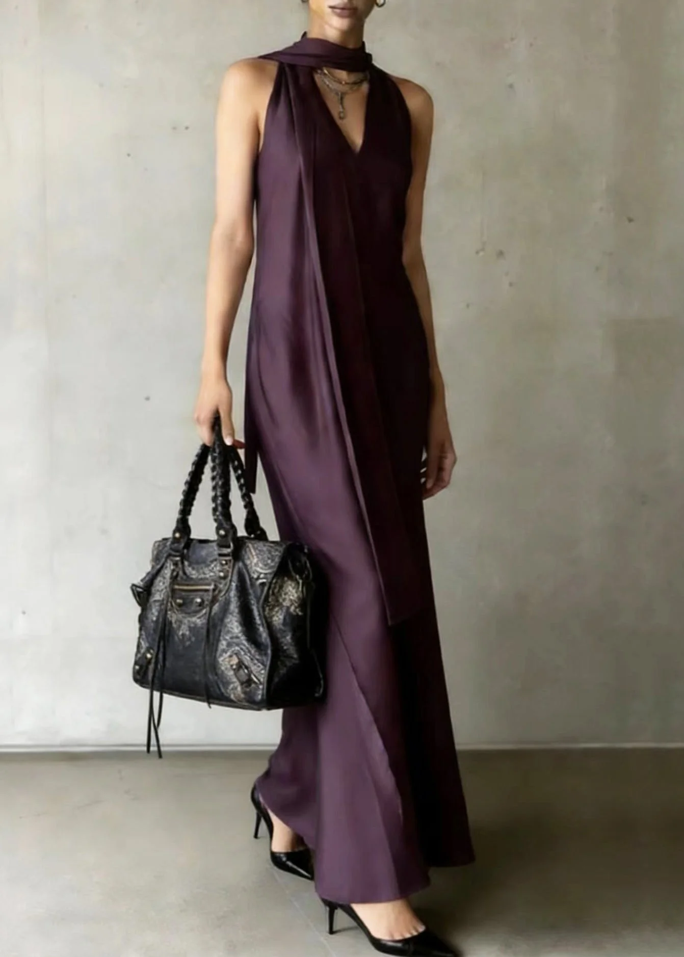 Elegant Dull Purple Cold Shoulder With Scarf Chiffon Robe Dresses Summer - Image 3
