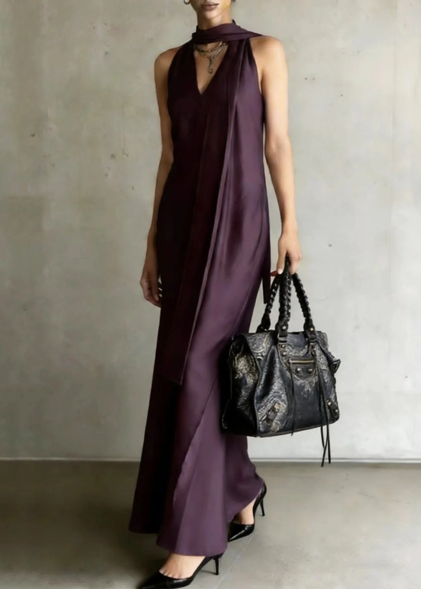 Elegant Dull Purple Cold Shoulder With Scarf Chiffon Robe Dresses Summer - Image 5