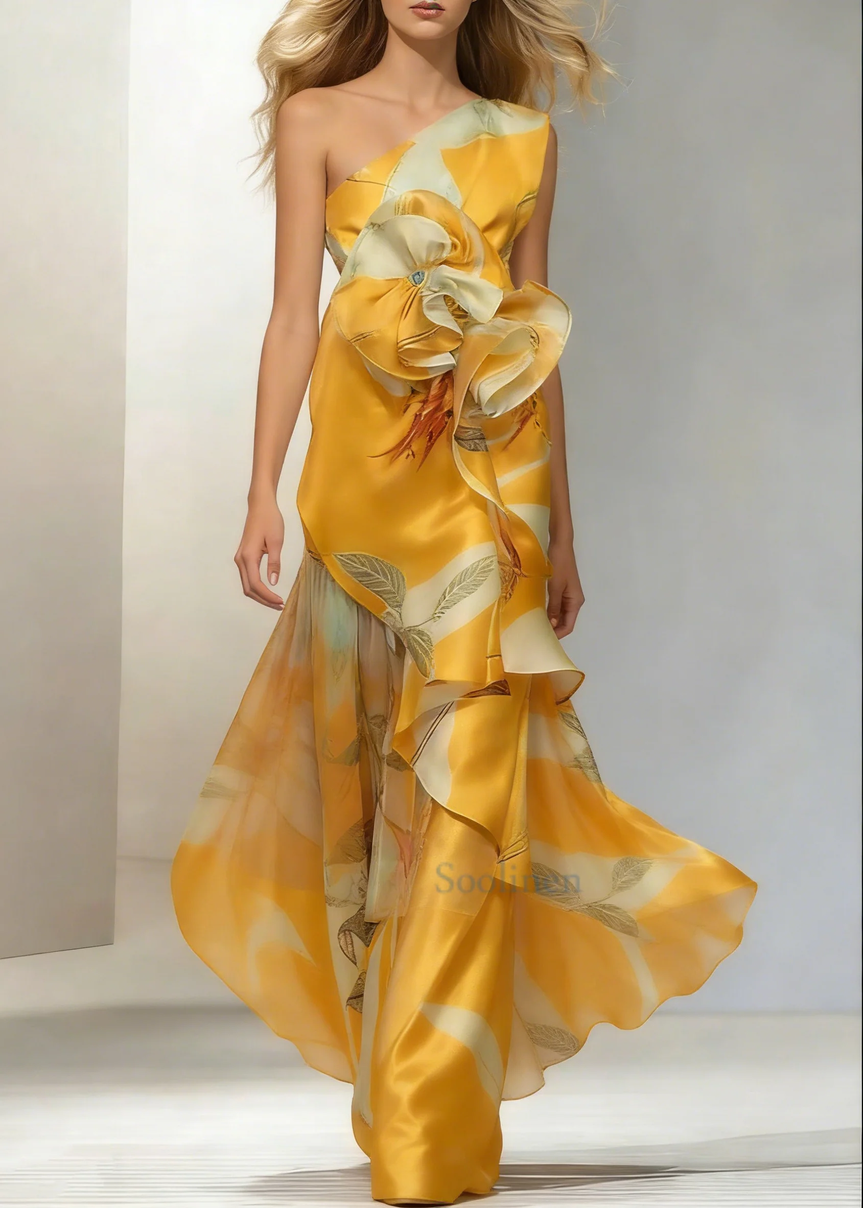 Elegant Floral Flounce Oblique Collar Evening Dresses - Image 3