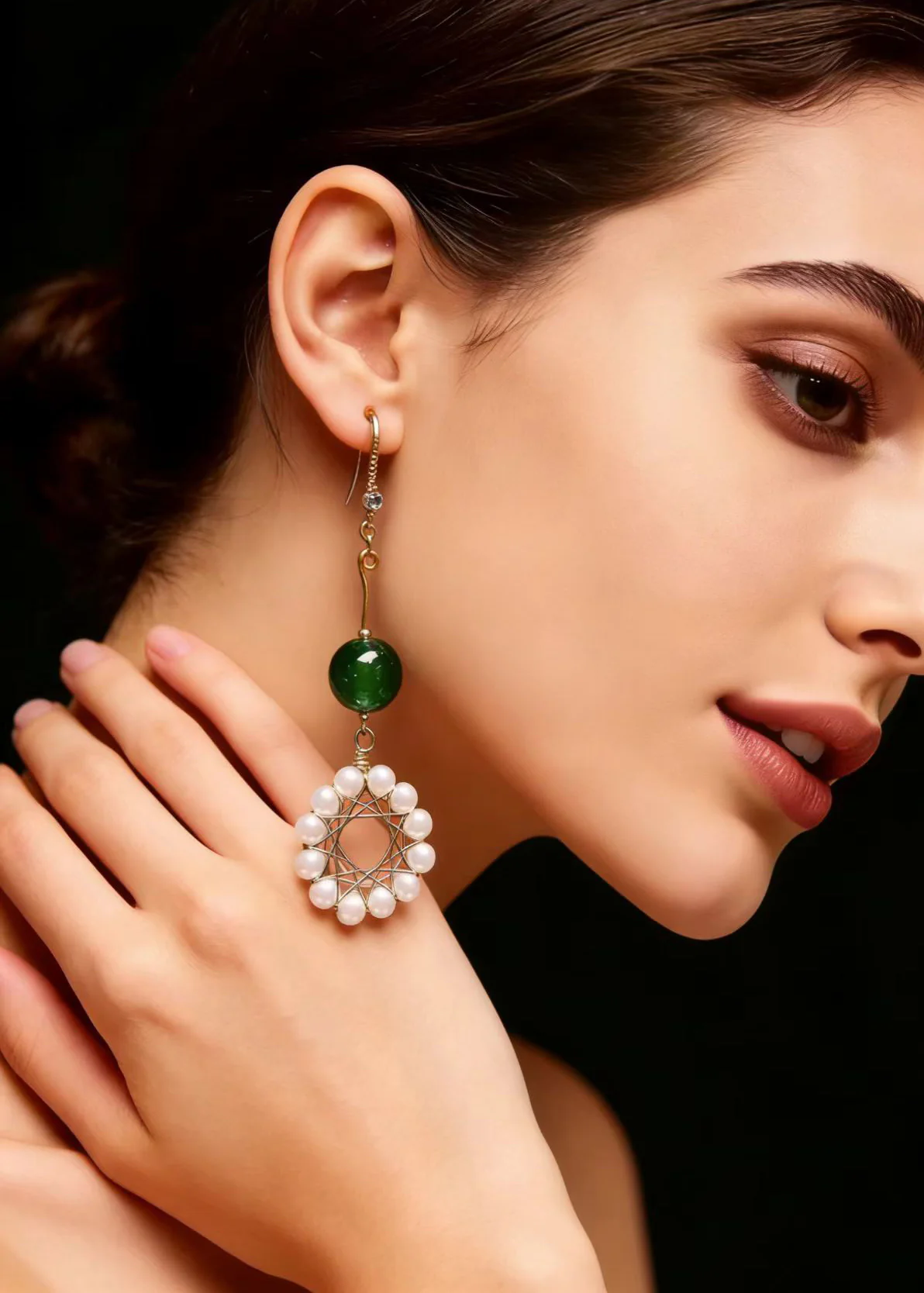 Elegant Floral Hoop Pearl Turquoise Drop Earrings - Image 2