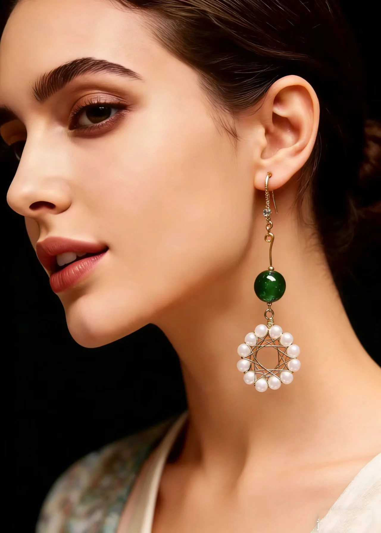 Elegant Floral Hoop Pearl Turquoise Drop Earrings - Image 3