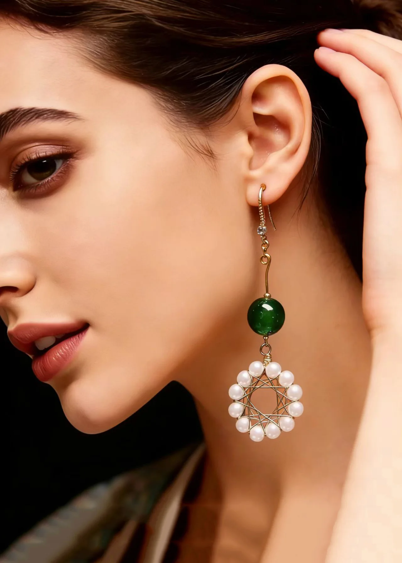 Elegant Floral Hoop Pearl Turquoise Drop Earrings - Image 4