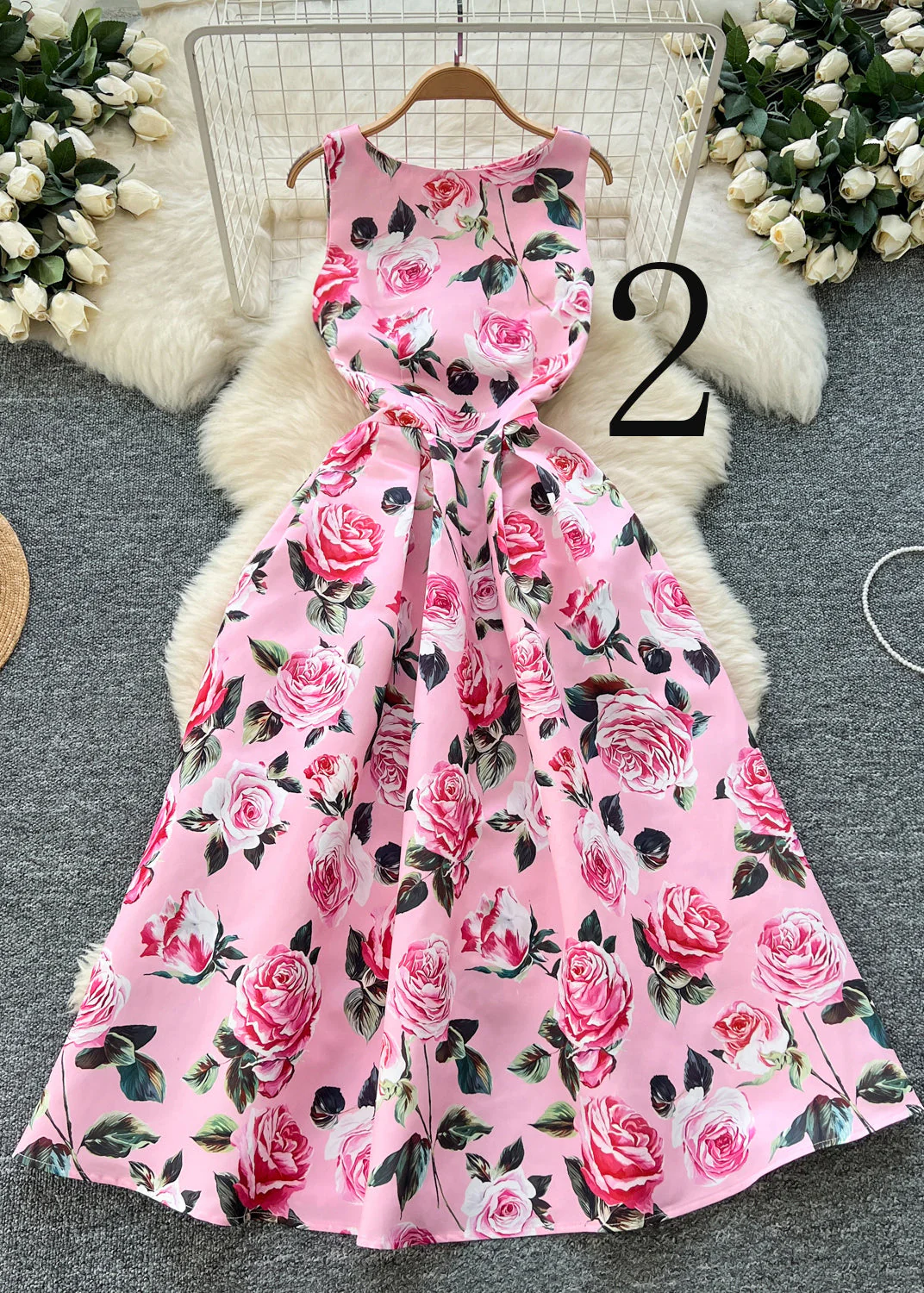 Elegant Flower Print Exra Large Hem Silk Tea Dress Sleeveless - Image 2
