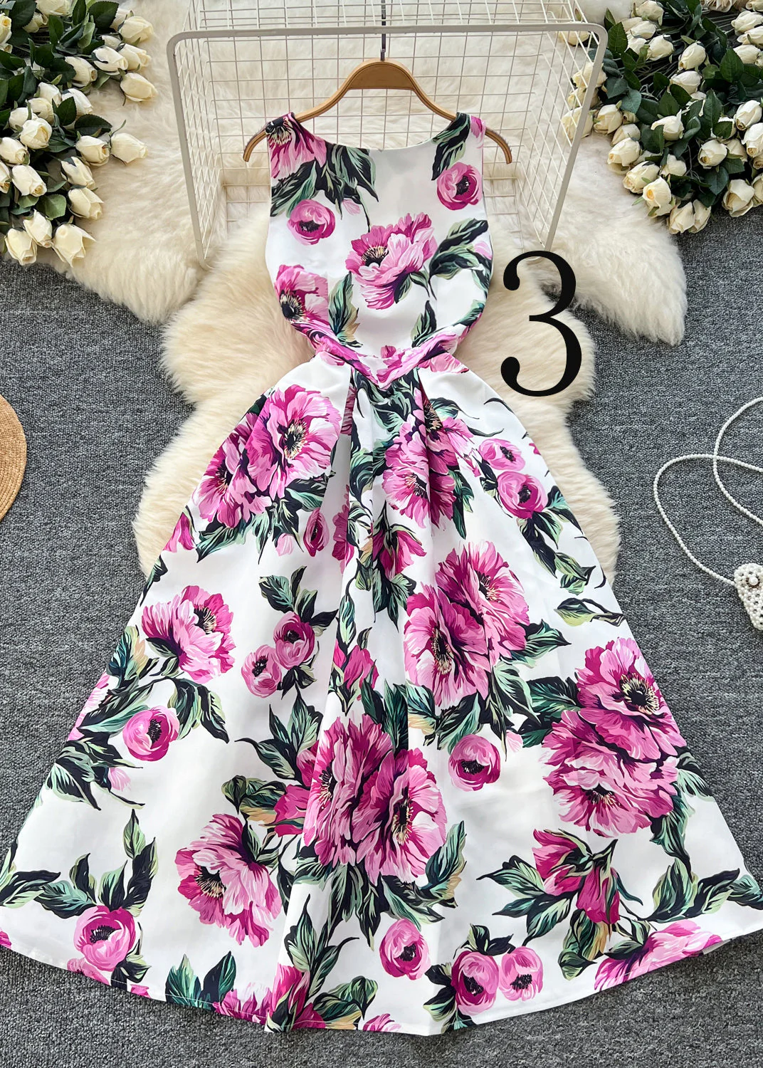 Elegant Flower Print Exra Large Hem Silk Tea Dress Sleeveless - Image 3