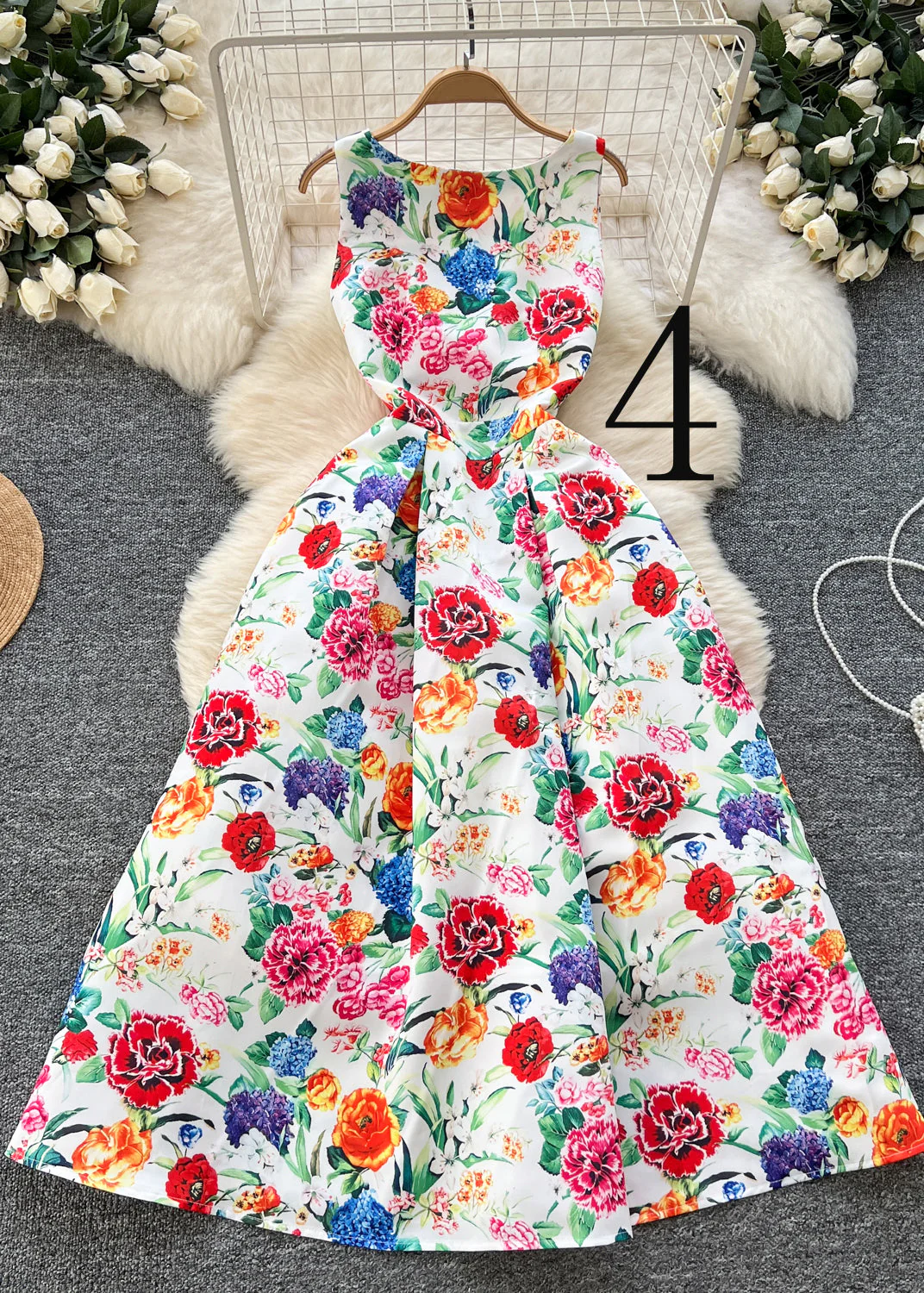 Elegant Flower Print Exra Large Hem Silk Tea Dress Sleeveless - Image 4