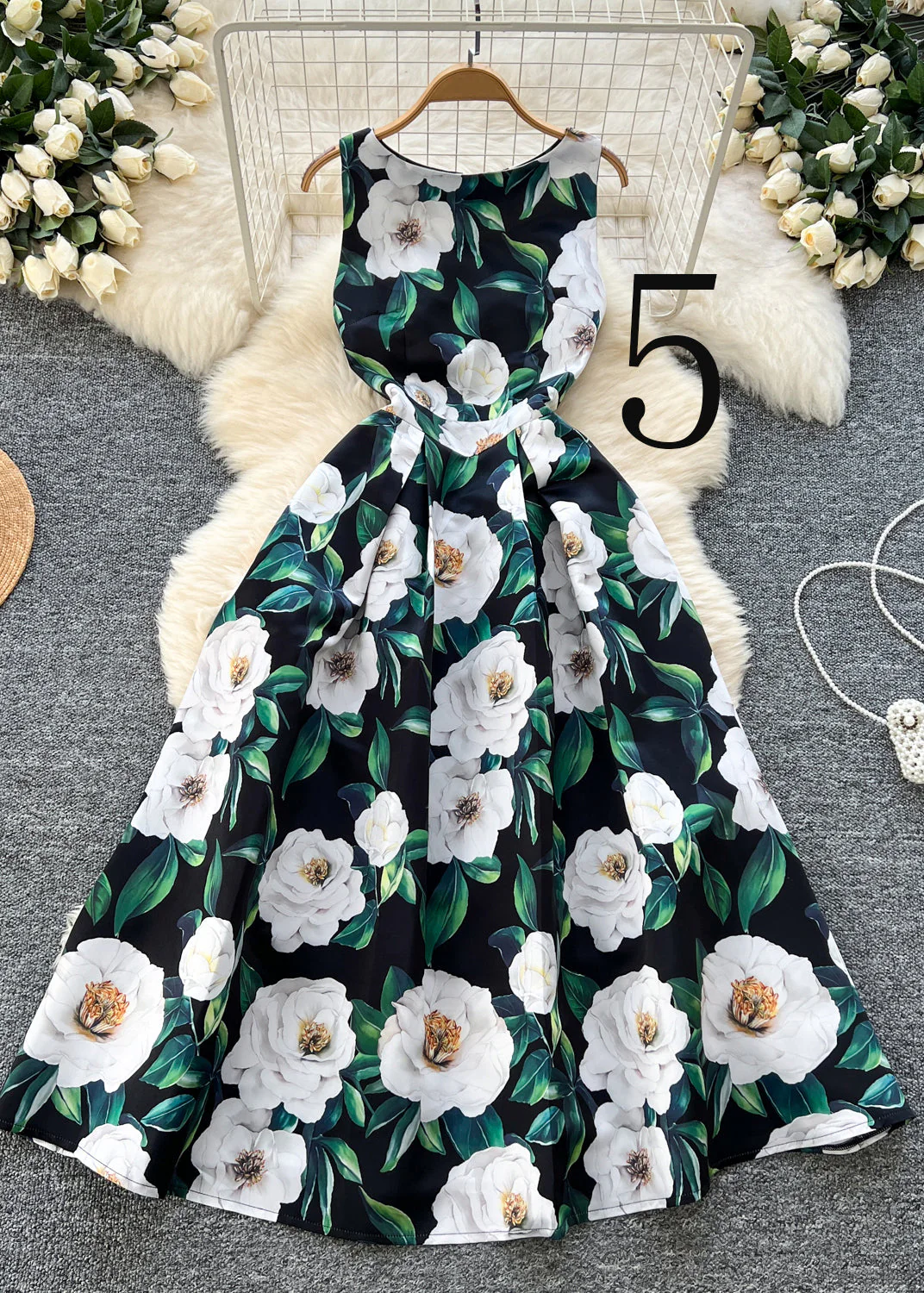 Elegant Flower Print Exra Large Hem Silk Tea Dress Sleeveless - Image 5