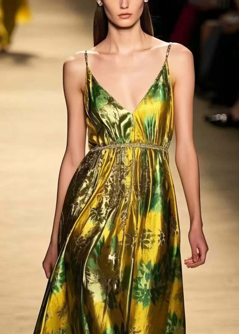 Elegant Fluorescent Green Print Silk Vestidos Dress Summer - Image 2