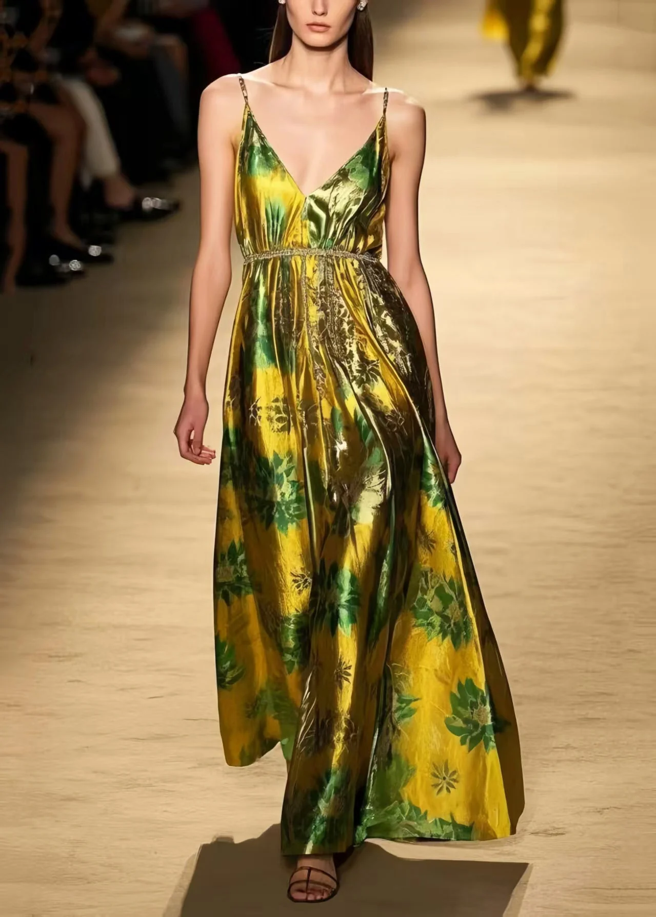 Elegant Fluorescent Green Print Silk Vestidos Dress Summer - Image 3