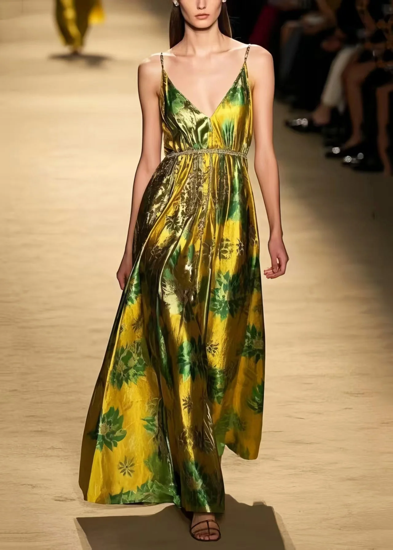 Elegant Fluorescent Green Print Silk Vestidos Dress Summer - Image 5