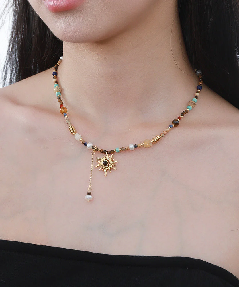 Elegant Gold Copper Allopy Pearl Agate Tiger's Eye Stone Pendant Necklace - Image 3
