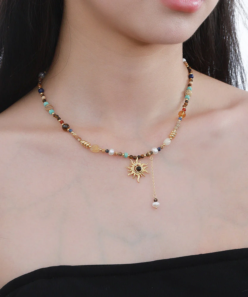 Elegant Gold Copper Allopy Pearl Agate Tiger's Eye Stone Pendant Necklace - Image 4