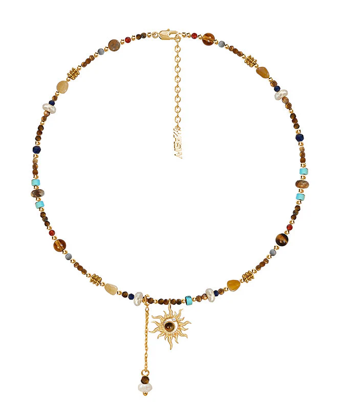 Elegant Gold Copper Allopy Pearl Agate Tiger's Eye Stone Pendant Necklace - Image 5