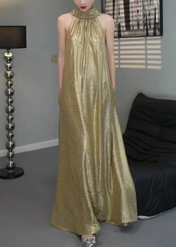 Elegant Gold Halter Wrinkled Long Dress Sleeveless - Image 2