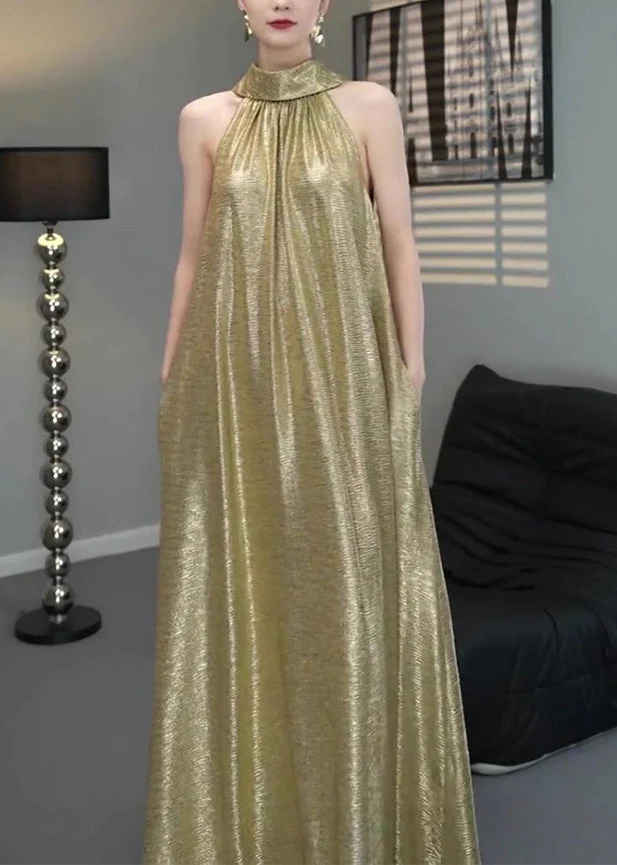 Elegant Gold Halter Wrinkled Long Dress Sleeveless - Image 3