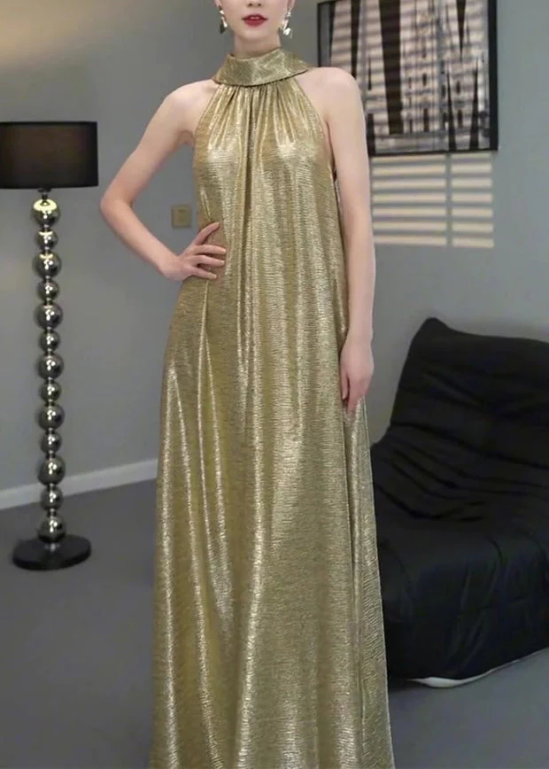 Elegant Gold Halter Wrinkled Long Dress Sleeveless - Image 4