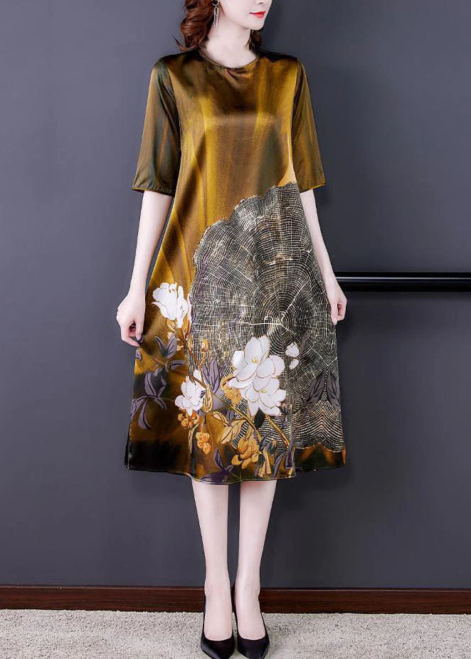 Elegant Gold O Neck Print Patchwork Silk Dress Summer - Image 2