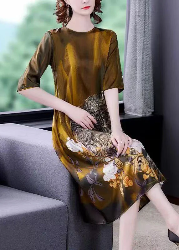 Elegant Gold O Neck Print Patchwork Silk Dress Summer - Image 3