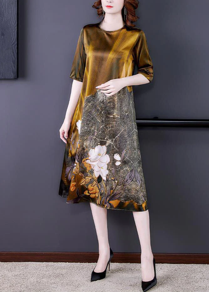 Elegant Gold O Neck Print Patchwork Silk Dress Summer - Image 4