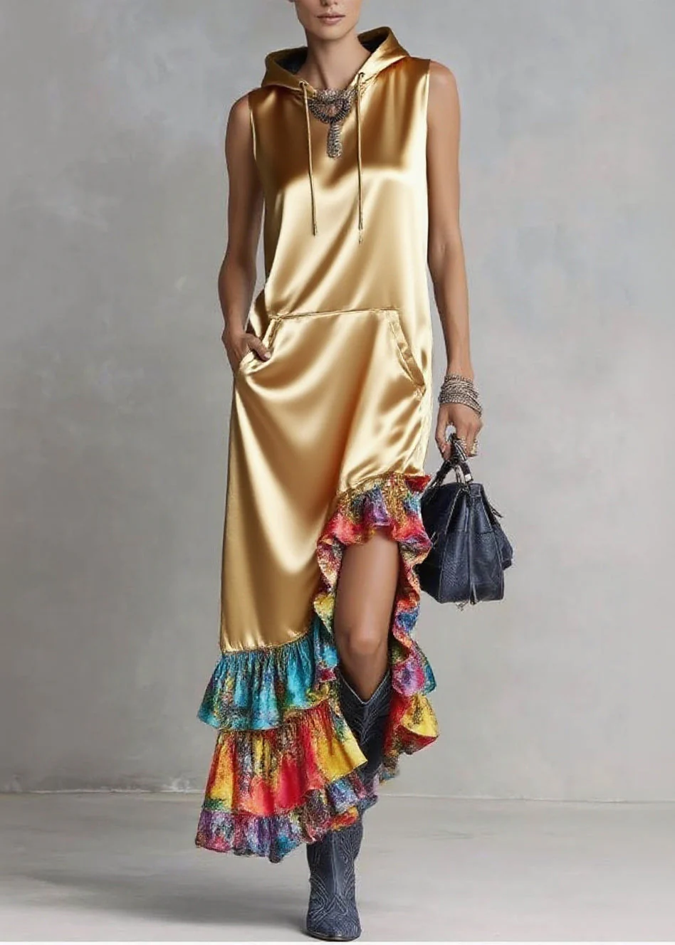 Elegant Golden Asymmetrical Patchwork Ruffles Silk Hooded Dresses Sleeveless