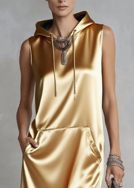 Elegant Golden Asymmetrical Patchwork Ruffles Silk Hooded Dresses Sleeveless - Image 2