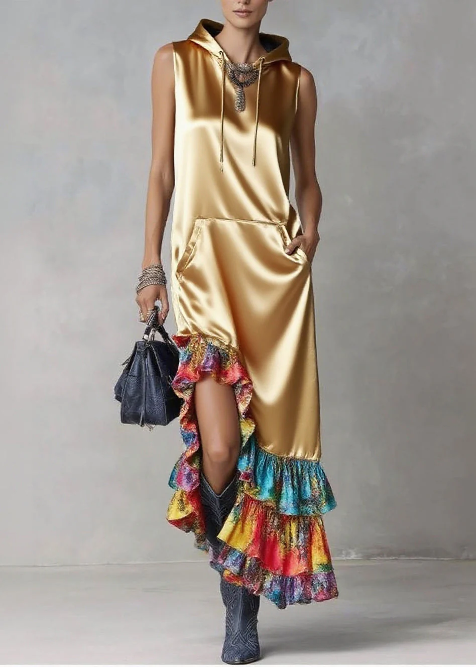 Elegant Golden Asymmetrical Patchwork Ruffles Silk Hooded Dresses Sleeveless - Image 3