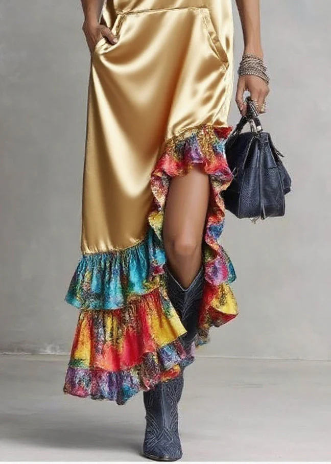 Elegant Golden Asymmetrical Patchwork Ruffles Silk Hooded Dresses Sleeveless - Image 4