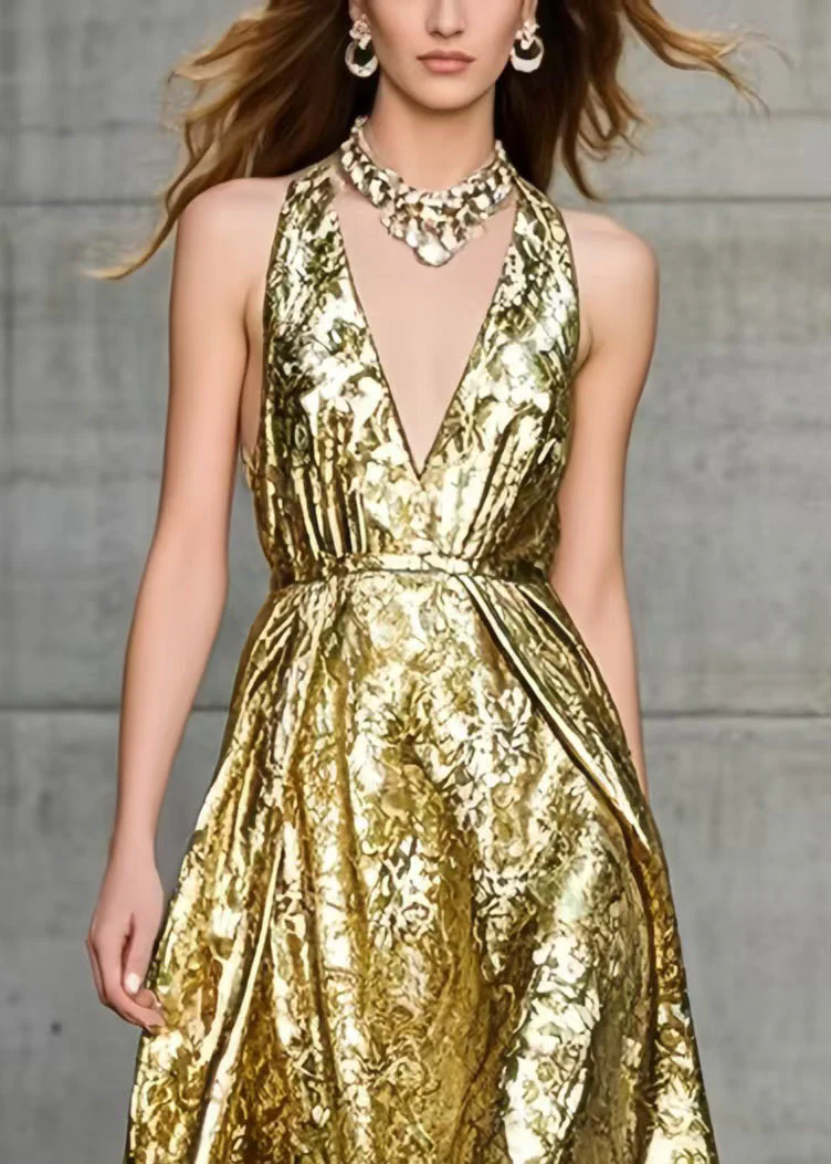 Elegant Golden Jacquard Exra Large Hem Halter Dress Summer - Image 2