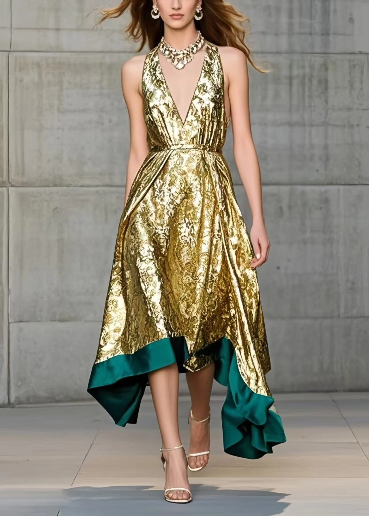 Elegant Golden Jacquard Exra Large Hem Halter Dress Summer - Image 3
