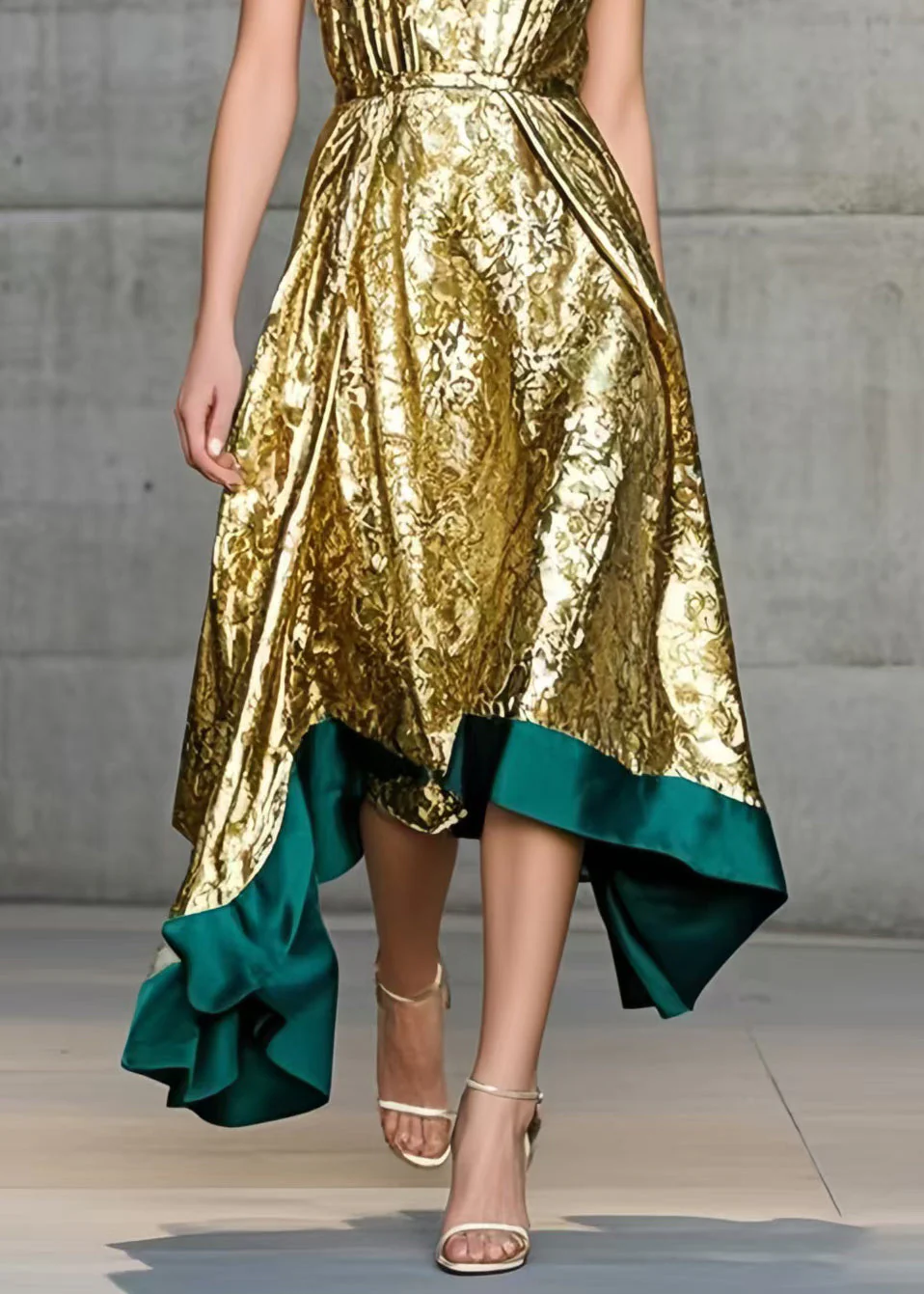 Elegant Golden Jacquard Exra Large Hem Halter Dress Summer - Image 4